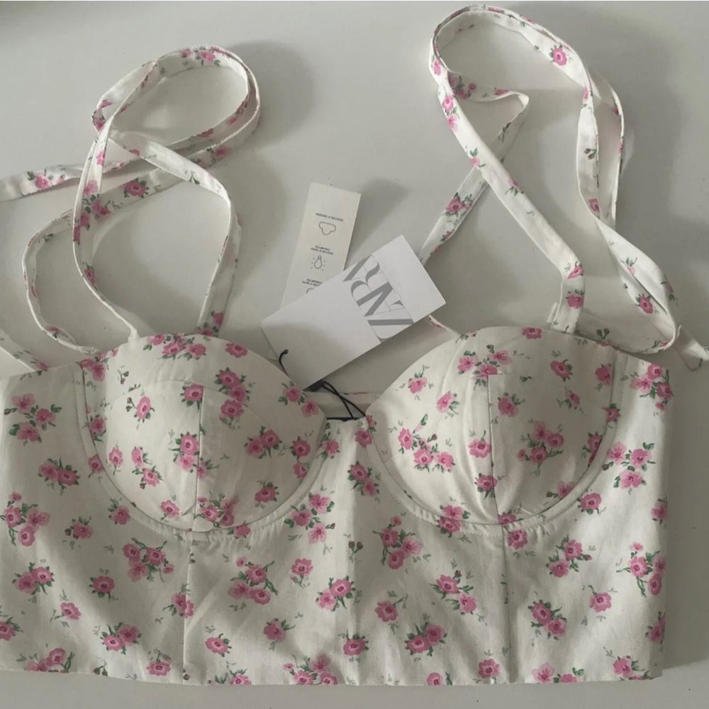 Zara Floral Linen Blend Corset Crop Top Off White Pink Bloggers Favorite